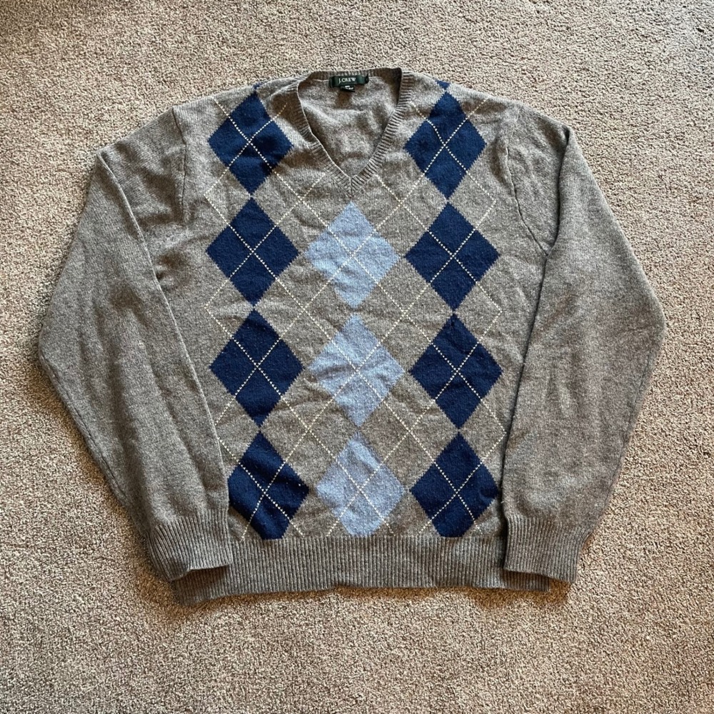 Mens J.Crew Sweater XL Grey Excellent Argyle 100% Lambswool V-Neck Knit
